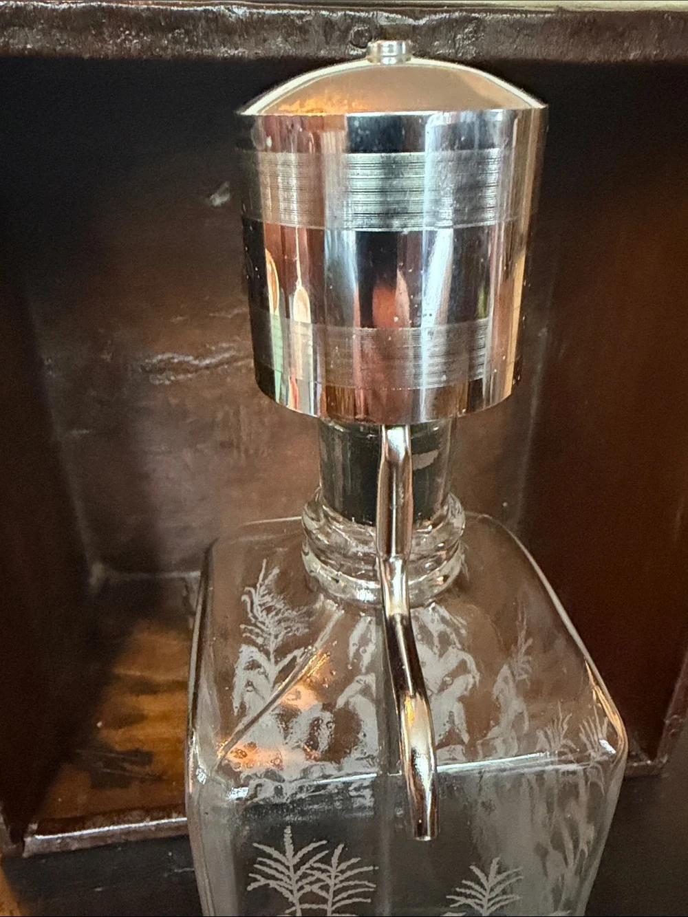 Continental Etched Glass Bourbon Dispenser with Chrome Pump Mid century modern